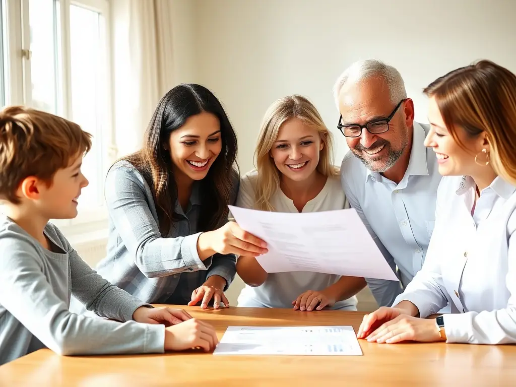 A family is happily gathered around a table, reviewing financial documents with a consultant, illustrating the benefits of long-term wealth management and financial security.