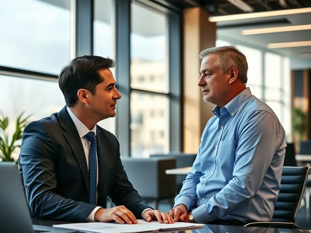 A professional financial advisor discussing wealth plans with a South African client in an office setting.