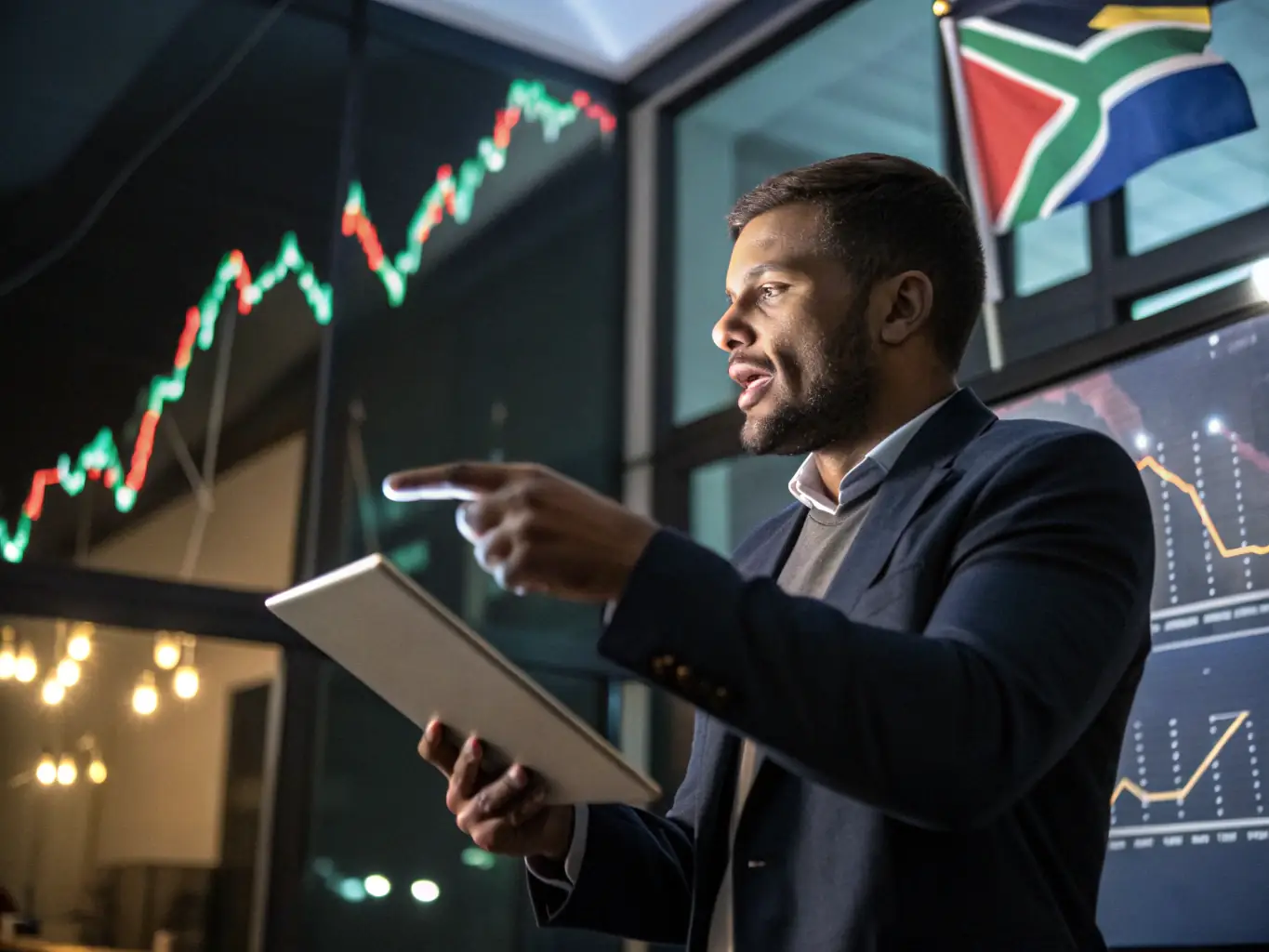 A professional consultant is advising a client in a modern office setting, discussing investment options with charts and graphs displayed on a screen, emphasizing a personalized approach to financial planning.
