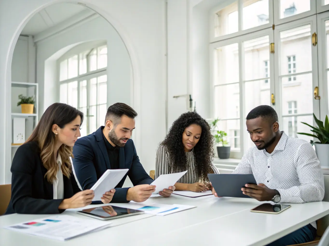 A diverse group of South African professionals collaborating on financial strategies in a modern office environment, symbolizing teamwork and expertise.